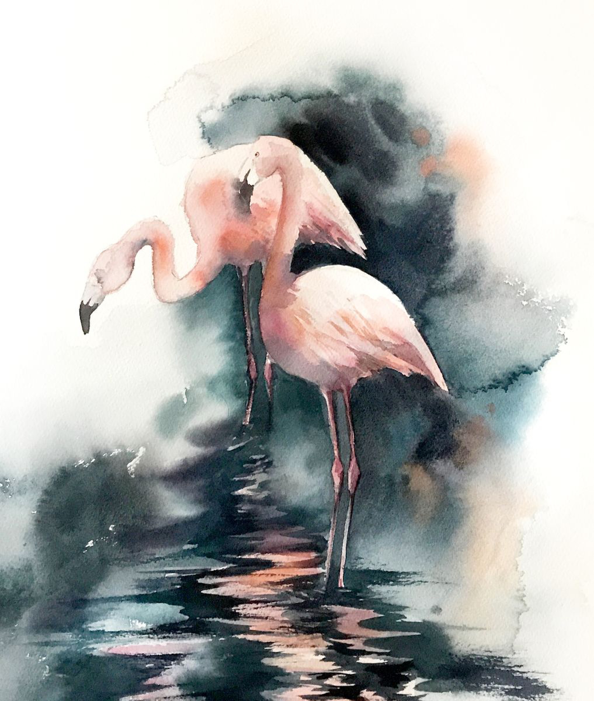 Two Flamingos In Emerald Dark Water Original Wat Artfinder