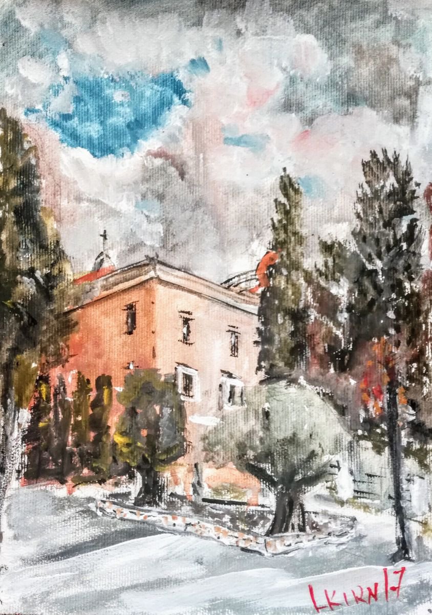Impressionistic Cityscapes Painting By Leonid Kirnus, 8 X 11", Monastery, Original Artwork