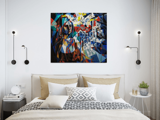 Waiting (90x80cm, cubism, oil painting, ready to hang)