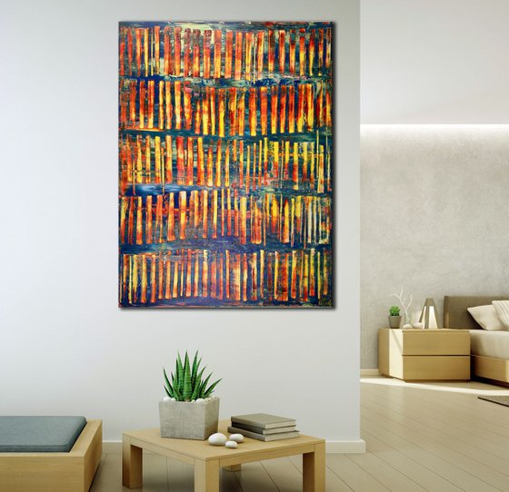 Metallic spectra and light intrusions | Fiery abstract painting