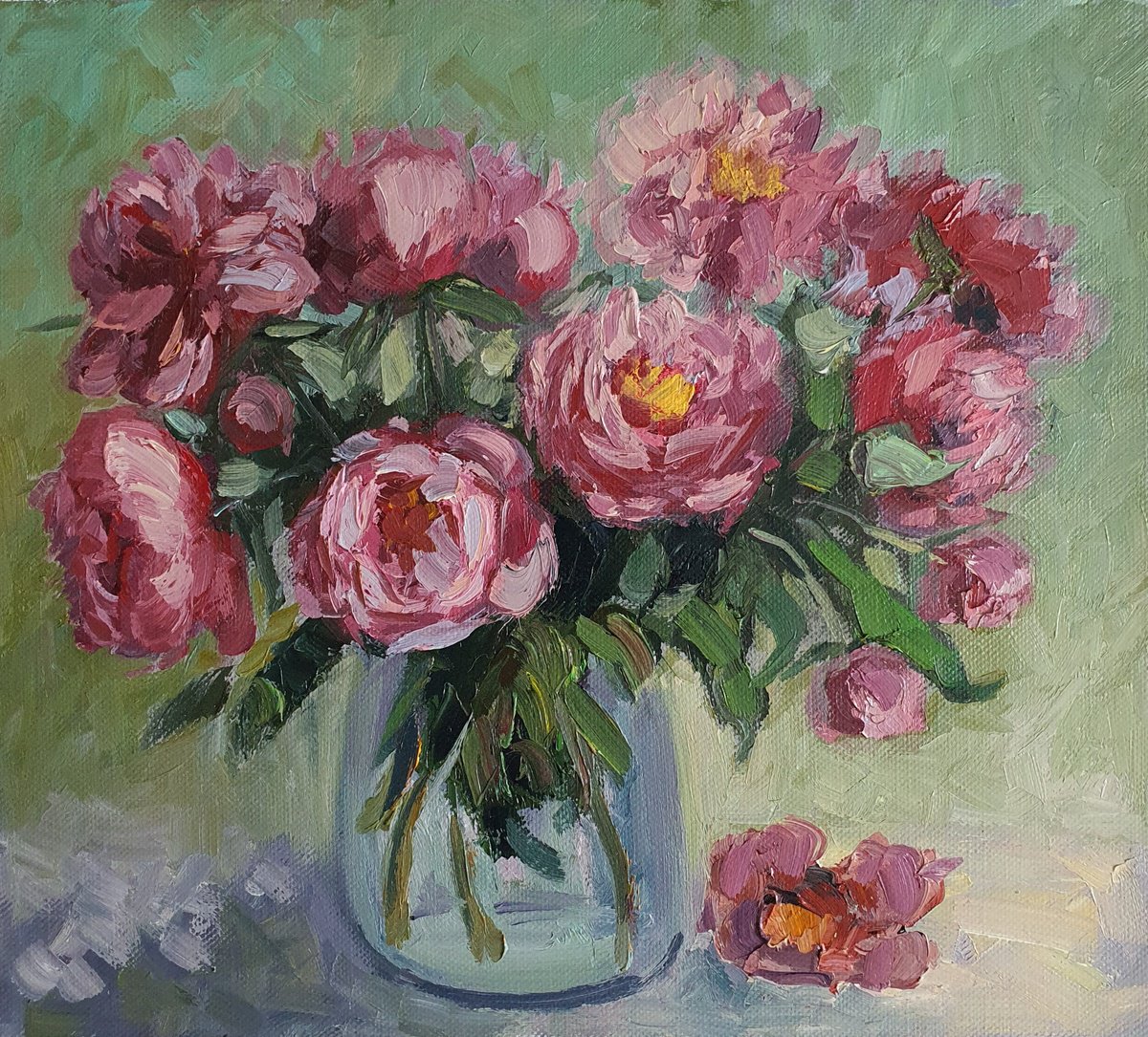 Impressionistic Still Life Oil Painting By Olena Kolotova, 20 X 18", "Peonies", Original Artwork