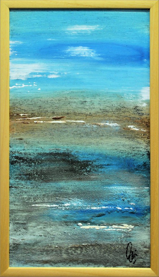 Lonely Beach  - abstract acrylic painting, canvas wall art, blue brown white, framed modern art