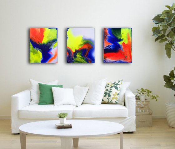 "Electric Kool Aid" - FREE WORLDWIDE SHIPPING - Original Triptych, Abstract PMS Acrylic Paintings Series - 48" x 20"