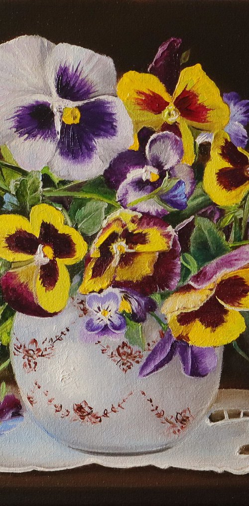 Pansies in a White Ceramic Vase by Natalia Shaykina