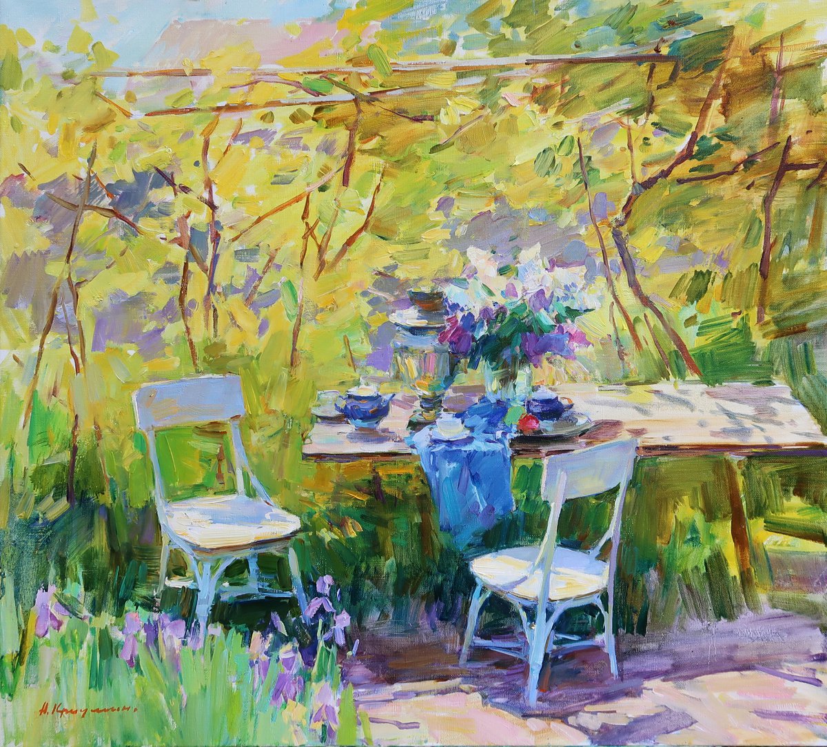 Impressionistic Botanical Oil Painting By Aleksandr Kryushyn, 30 X 28, Tea Under The Vineyard, Original Artwork