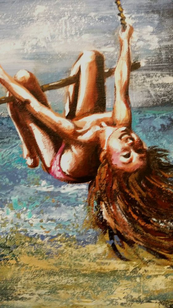 "Winged swing",original acrylic painting 30x90, ready to hang,framed