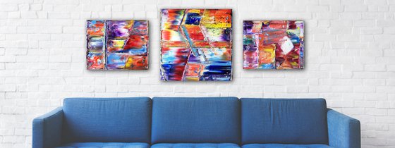 "Seeing All The Angles" - FREE USA SHIPPING - Original PMS Abstract Triptych Oil Paintings On Canvas - 64" x 24"