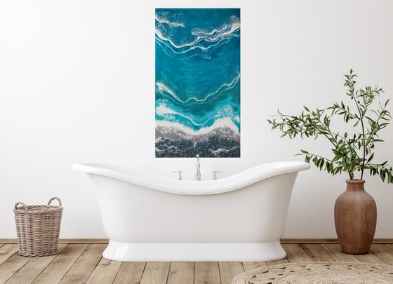 Turquoise waves - original seascape resin artwork with real blue shell