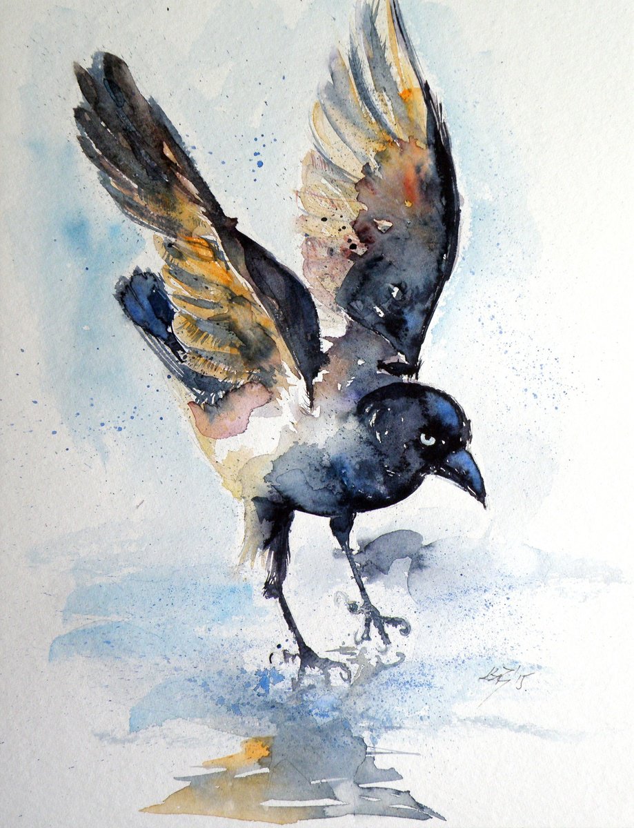 Impressionistic Animal Watercolour By Kovacs Anna Brigitta, 12 X 15", Crow On Ice, Original Artwork