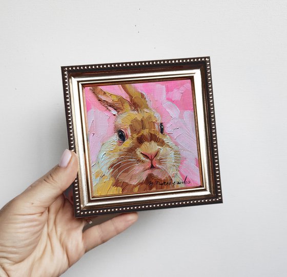 Red rabbit painting original framed 4x4, Small painting framed cute rabbit artwork, Bunny pet painting