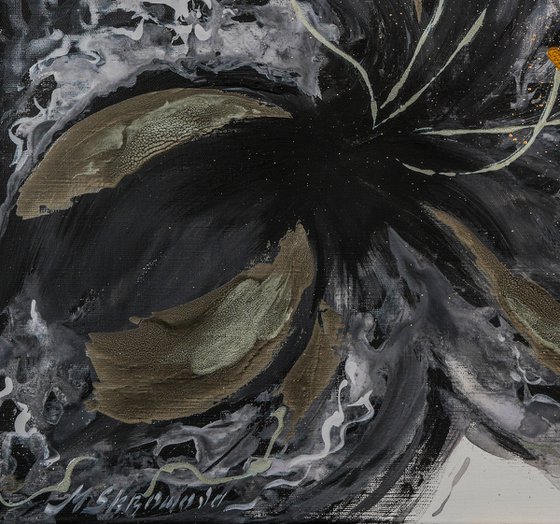 BLACK VEIL - Foil painting. Modern. Abstract. Gray shades. Hand-painted. Black. Flower. Textured. Golden leaf.