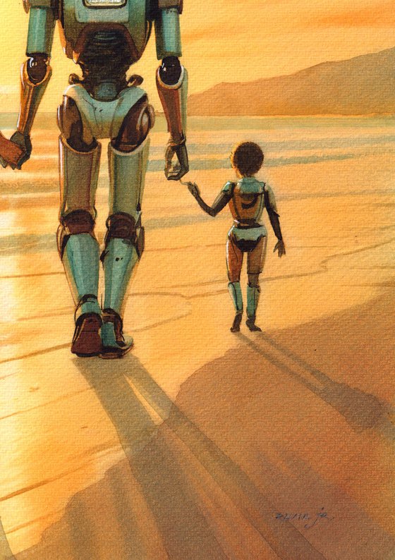 2243 year. Family at sunset
