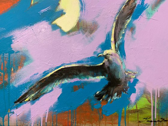 Bright painting - "Seagull on violet sunset" - 2022