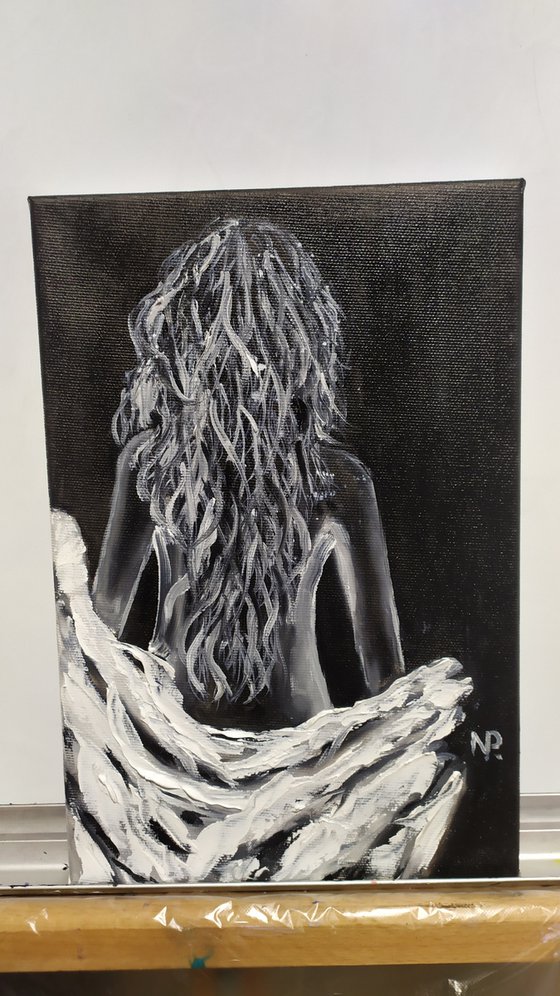 In shirt, original black and white nude erotic oil painting, Gift, art for home
