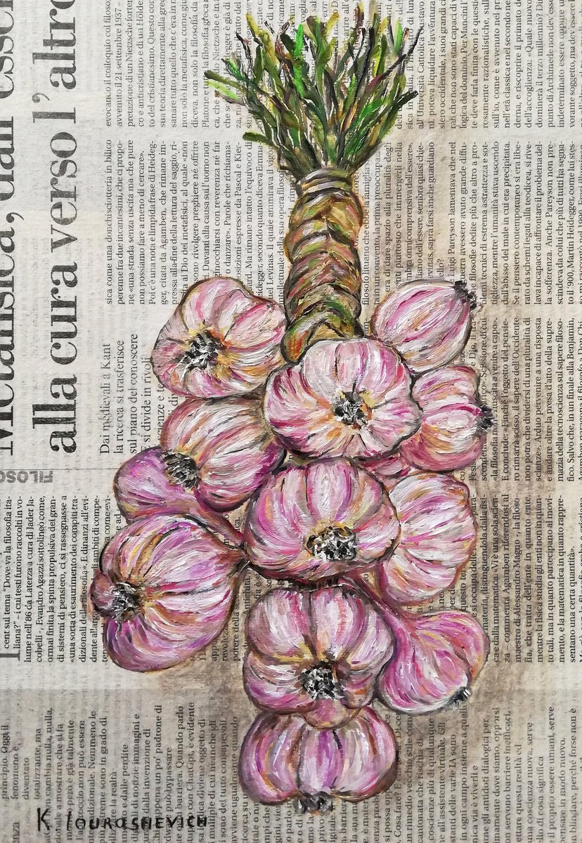 Garlic String on Newspaper Original Oil on Canvas Board Painting 12 by 8 inches (30x20 c... by Katia Ricci