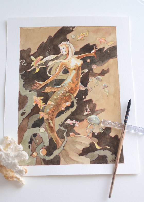 Mermaid and golden fishes, Fantasy illustration in watercolor