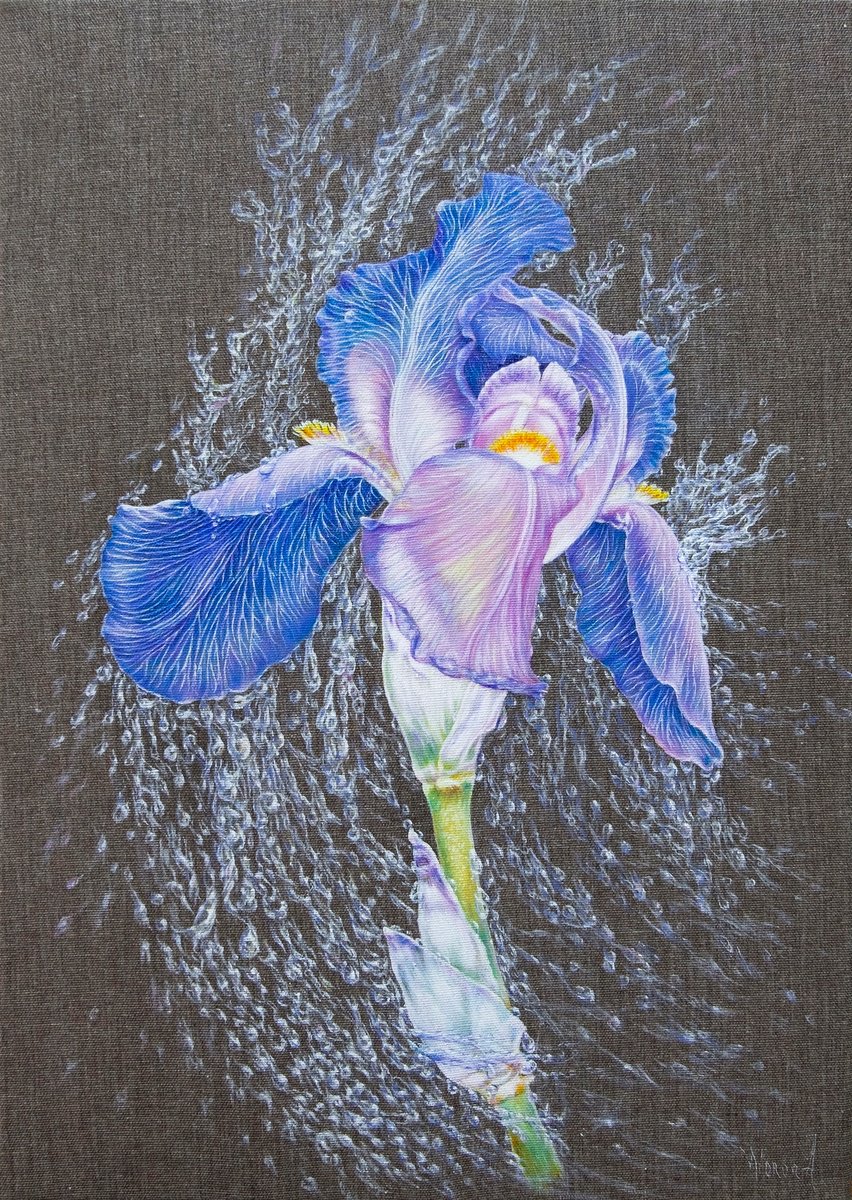 Impressionistic Botanical Oil Painting By Anastasia Woron, 13 X 18, Iris In Rain Pearls, Original Artwork