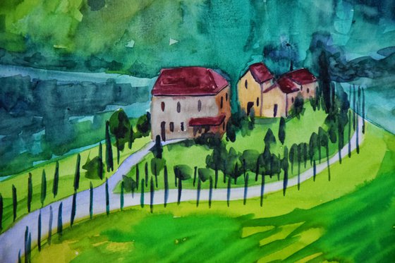 Sunset Landscape Large Painting, Tuscany Italy Original Watercolor Painting