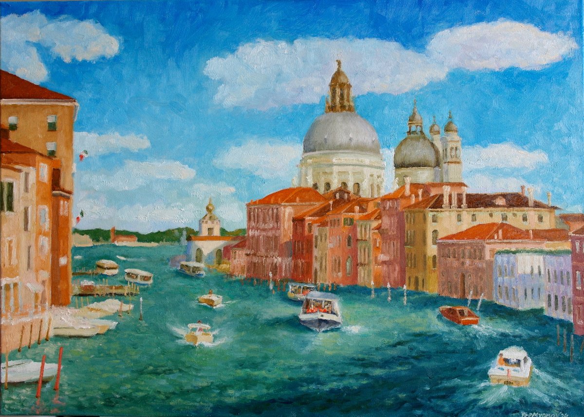Impressionistic Cityscapes Oil Painting By Juri Semjonov, 28 X 20", Grand Canal, Venice, Italy, Original Artwork