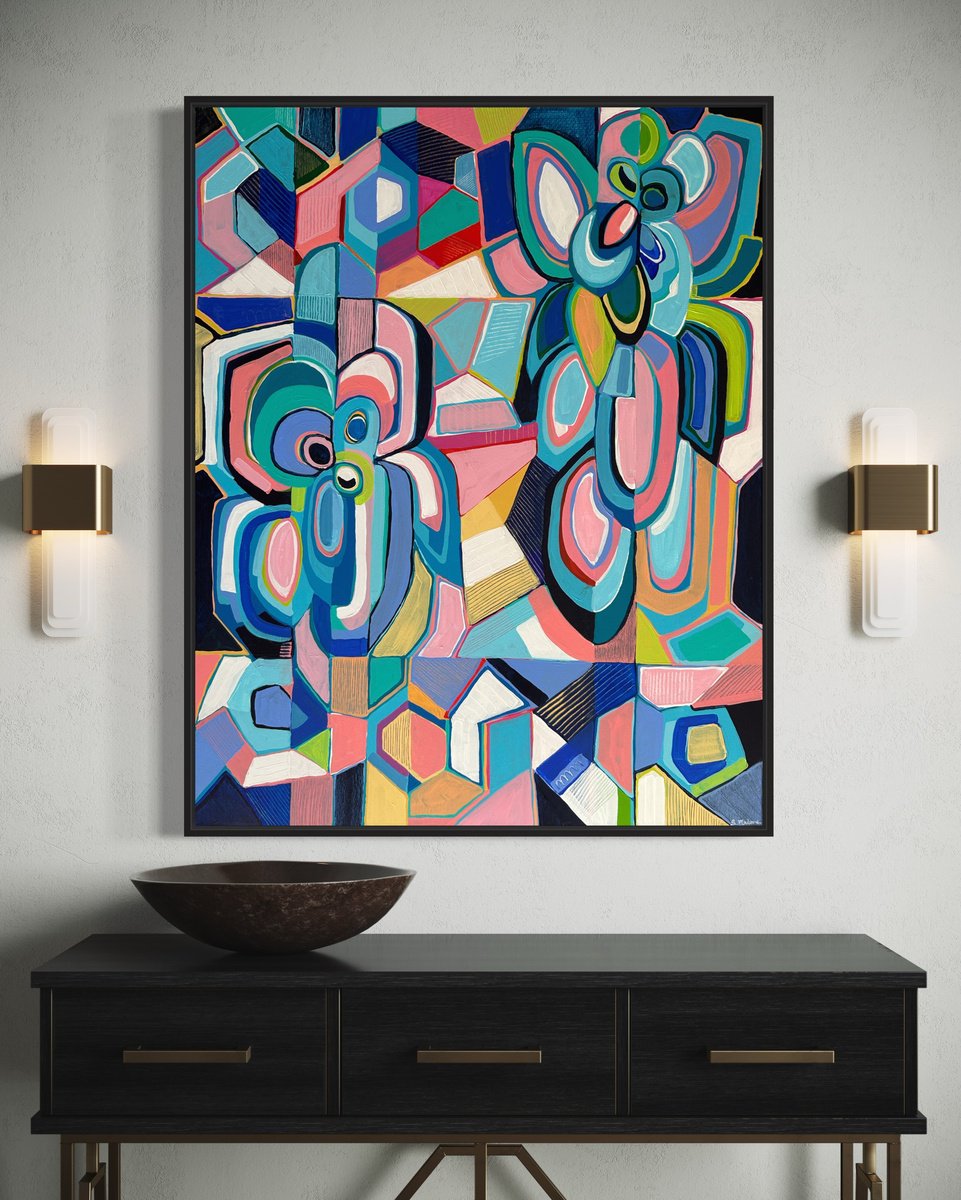 Abstract Acrylic Painting By Samantha Malone, 31 X 39", Fragments In Bloom, Original Artwork