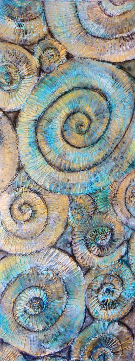 Turquoise Ammonites #2 (textured fossil artwork, ready to hang)