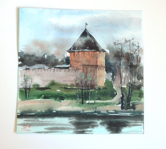 Old fortress of Veliky Novgorod, small watercolor