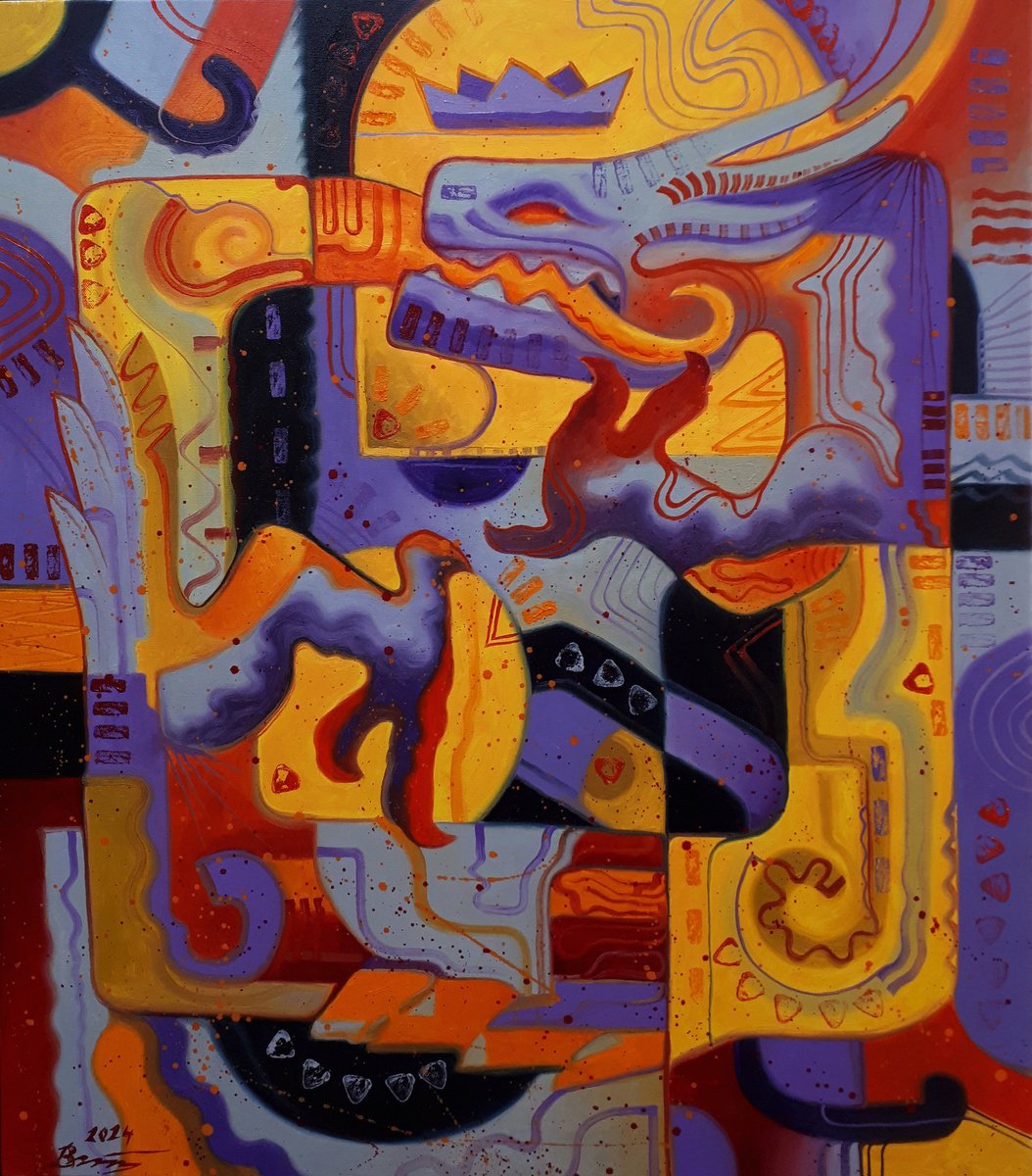 Geometric Abstract Oil Painting By Serhii Voichenko, 28 X 32", Biting The Tail, Original Artwork