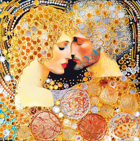 Love original painting. Golden decorative artwork with gold leaf. Gift for woman \ wife