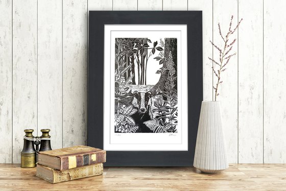 Mr Badger (Countryside linoprint) Framed and ready to hang