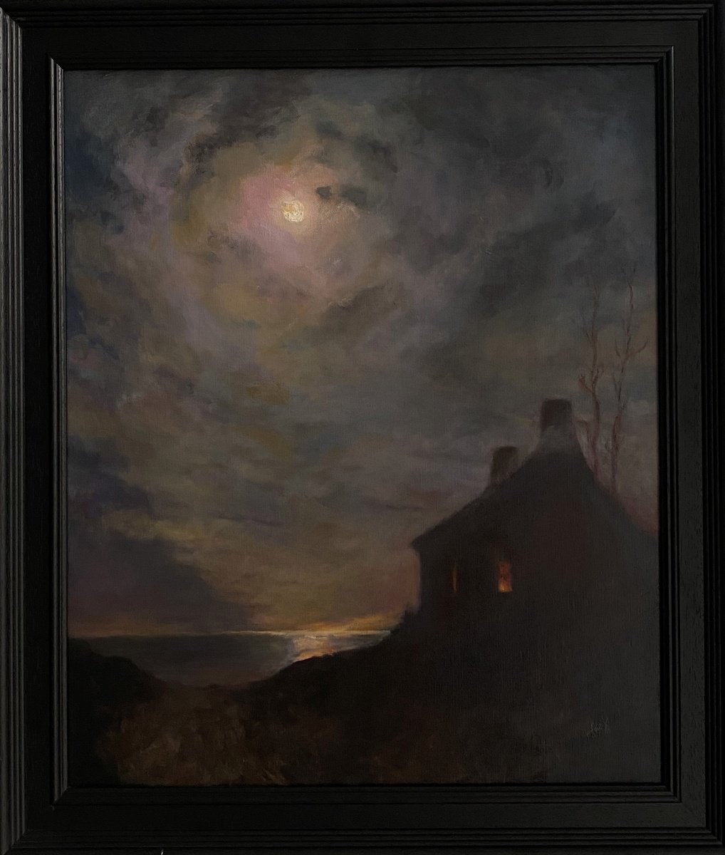 Tonalist Oil painting Landscape with Moon and Cottage, Framed. by Jackie Smith
