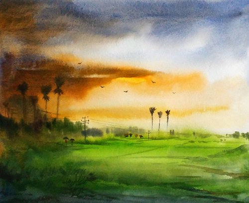 Rainy day & Corn Field - Watercolor Painting by Samiran Sarkar