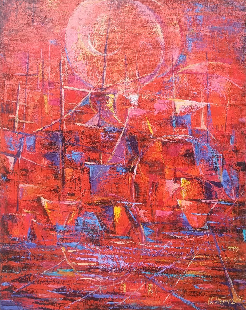 Abstract Landscape Oil Painting By Arto Mkrtchyan, 16 X 20, Scarlet Horizons, Original Artwork