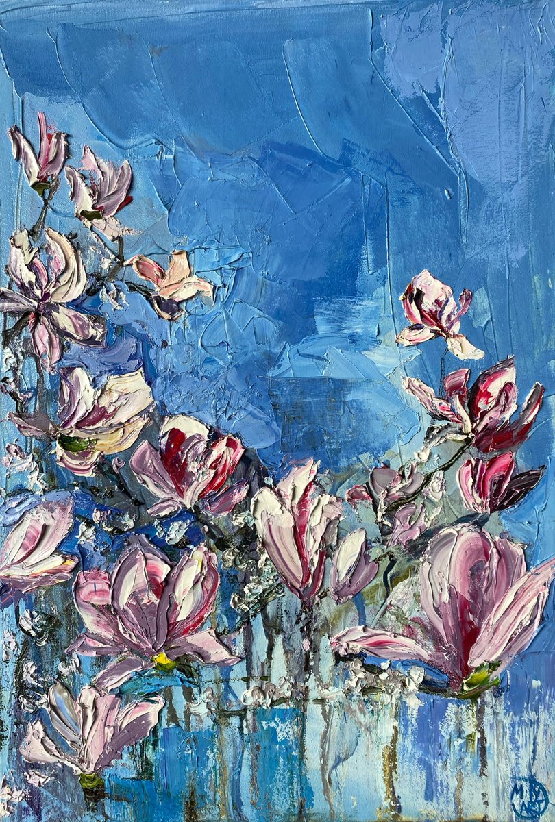 Impressionistic Botanical Oil Painting By Mily Art, 16 X 24", Magnolia Blossom Oil Painting, Original Artwork
