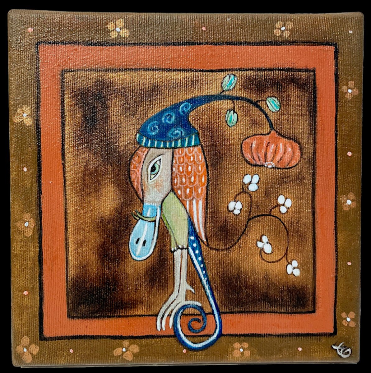 Impressionistic Animal Acrylic Painting By Eleanor Gabriel, 8 X 8, The Chimera With Pumpkin, Original Artwork