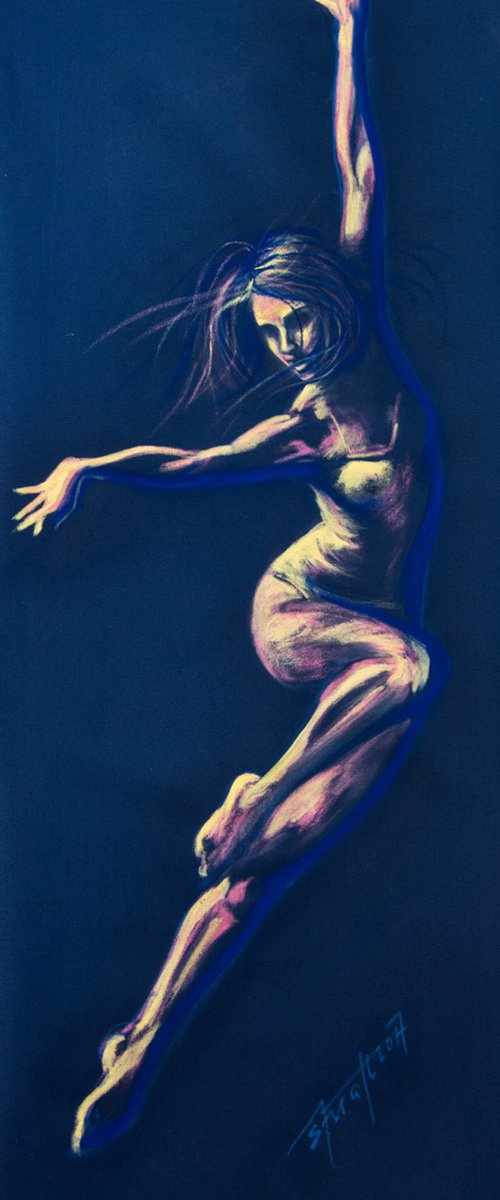 "Jump", original acrylic  and pastels painting on a hand-stretched fabric, 38x90x1cm,ready to hang by Elena Kraft