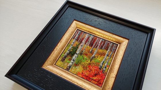 Birch forest painting original, Autumn trees Landscape oil painting small art framed, Miniature painting guest gift