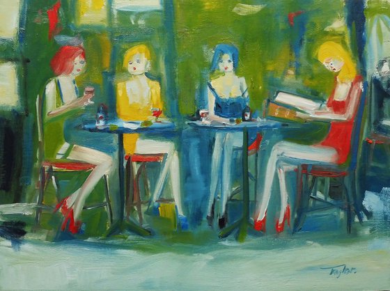 GIRLS PRETTY FASHION MODELS, STILETTO HEELS, RED WINE, RESTAURANT. Original Female Figurative Oil Painting. Varnished.