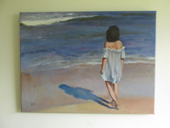 Blue Waters-Impressionist beach figure oil sea painting. 45x61cm.