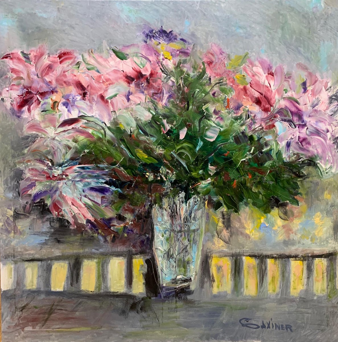 Impressionistic Botanical Oil Painting By Leo Baxiner, 39 X 39", Flora Amore, Original Artwork