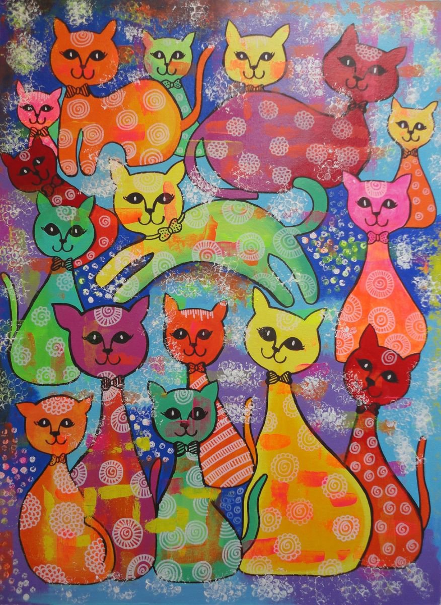 The Happy Cat Family! Large Painting on Canvas ! Cat Lovers Gift !! by Amita Dand