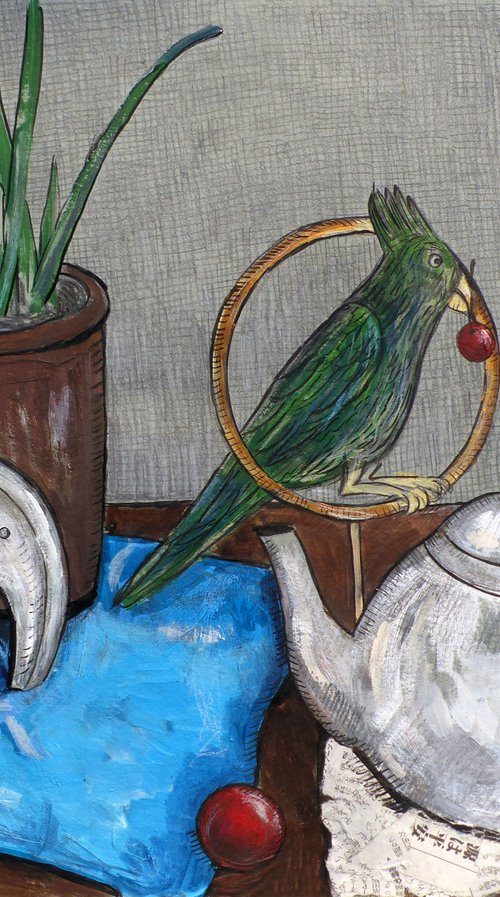 Still life with an elephant and a green parrot by Elizabeth Vlasova