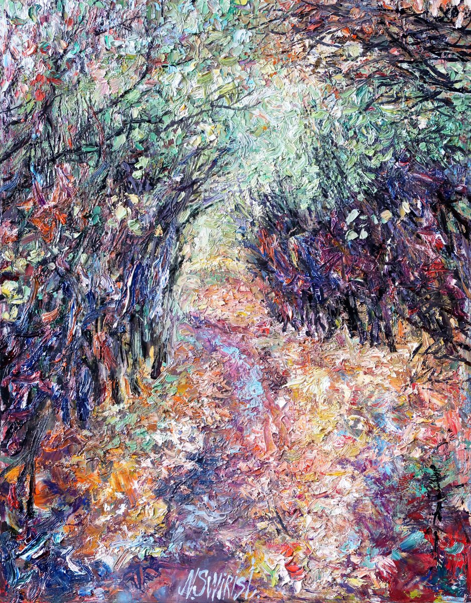 Impressionistic Landscape Oil Painting By Nikifor Swiristuhin, 14 X 18", Path To Autumn., Original Artwork