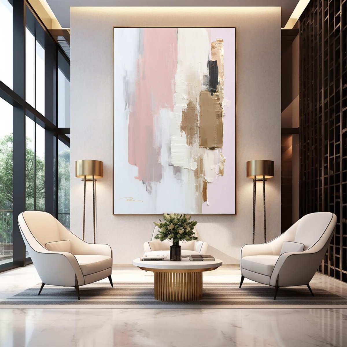 Abstract Acrylic Painting By Indie Ru, 57 X 81, Pastel Pink And Gold Abstract, Original Artwork