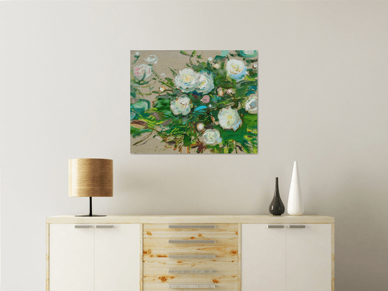 White peonies on linen background