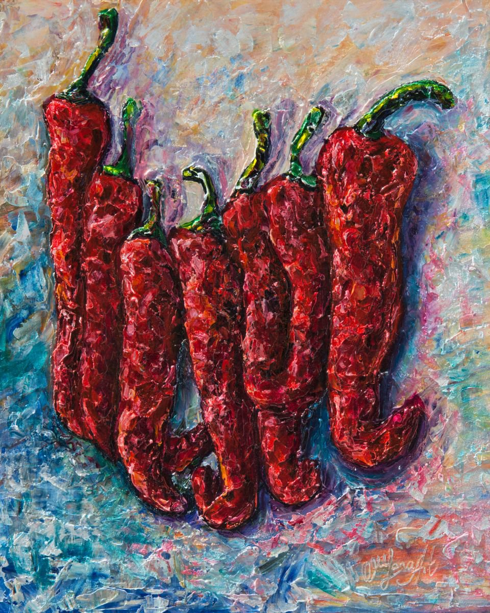 Chili Hot Pepper 16x20 oil painting with palette knife on canvas board by OLena Art - Lena Owens