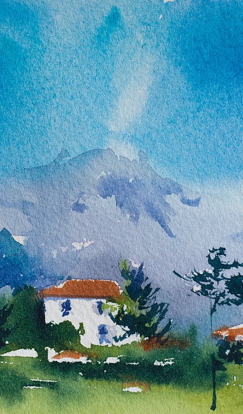 View of Alpes with houses and green. Mini watercolor painting cute landscape sky impressionistic nature blue mountains by Sasha Romm
