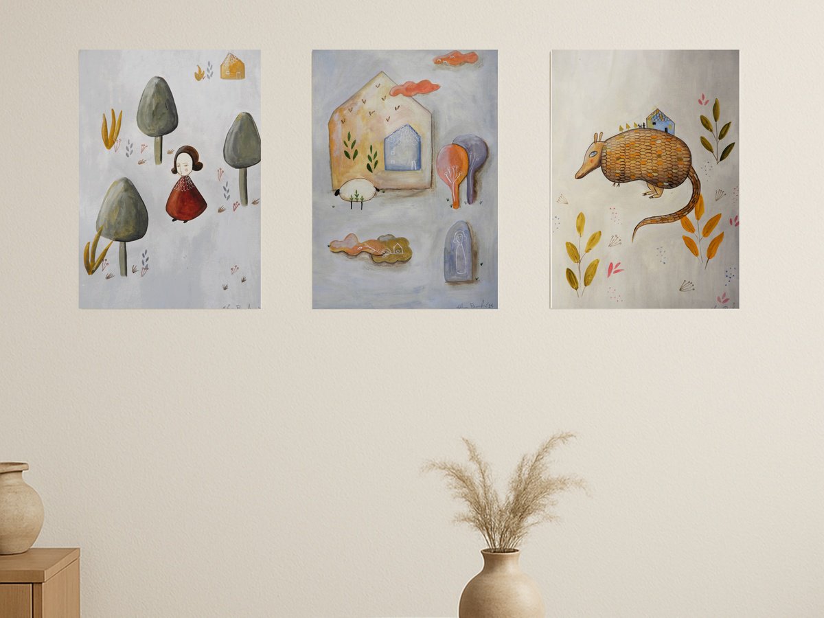 Illustrative Cityscapes Painting By Silvia Beneforti, 25 X 12", Like In A Fairy Tale, Set Of 3, Original Artwork