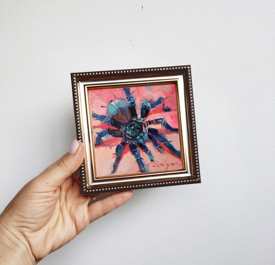 Lowbrow art painting spider, Spider artwork in frame, Spider Dark picture frame, Blue spider wall art