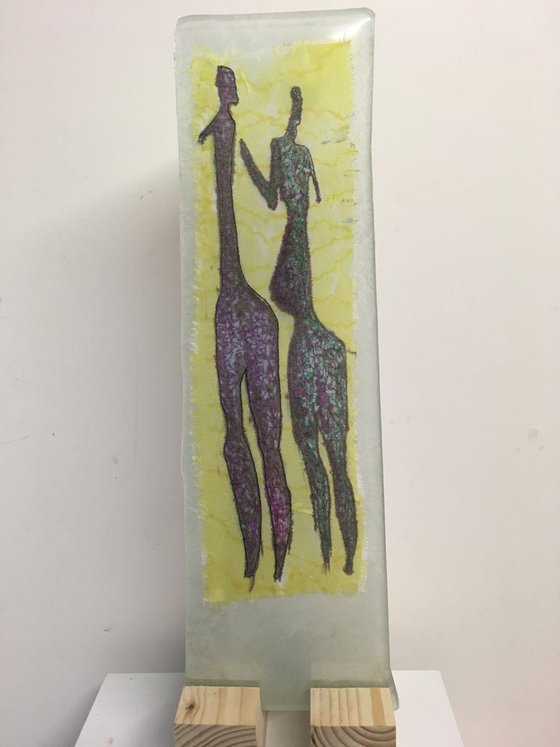 Rock couple - glass-mounted translucent silk drawing - ready to display - window sculpture