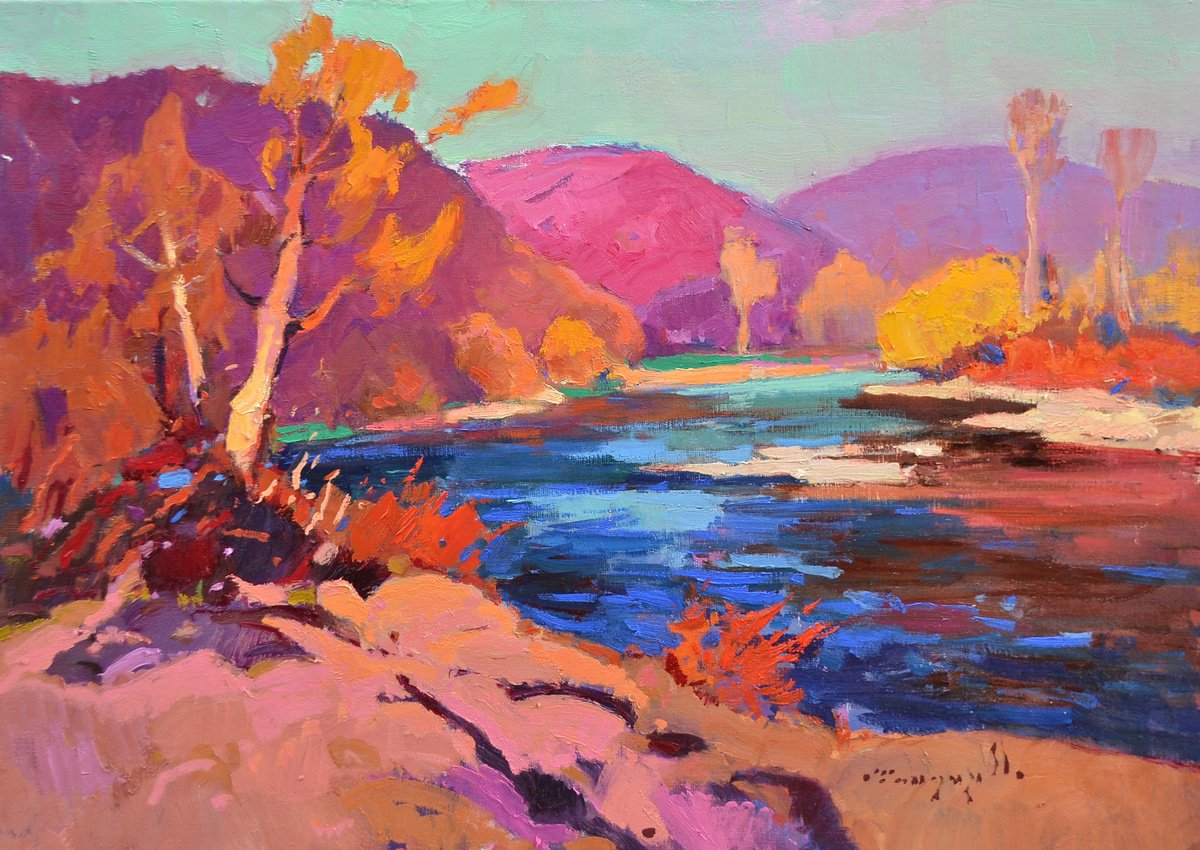 Impressionistic Landscape Oil Painting By Alexander Shandor, 31 X 24, Pink Autumn, Original Artwork